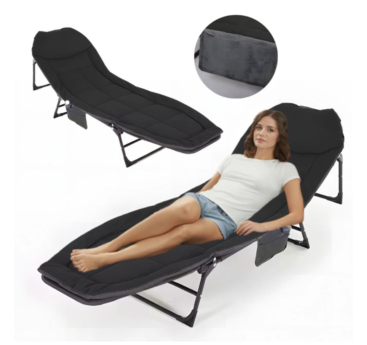 Pat pentru camping pliabil, Zola, reglabil in 5 trepte, greutate suportata 110 kg, saltea moale, mecanism de blocare, buzunar lateral, cadru fier, material Oxford, 193 x 66 x 31 cm, negru/gri Pat pentru camping pliabil, Zola, reglabil in 5 trepte, greutate suportata 110 kg, saltea moale, mecanism de blocare, buzunar lateral, cadru fier, material Oxford, 193 x 66 x 31 cm, negru/gri